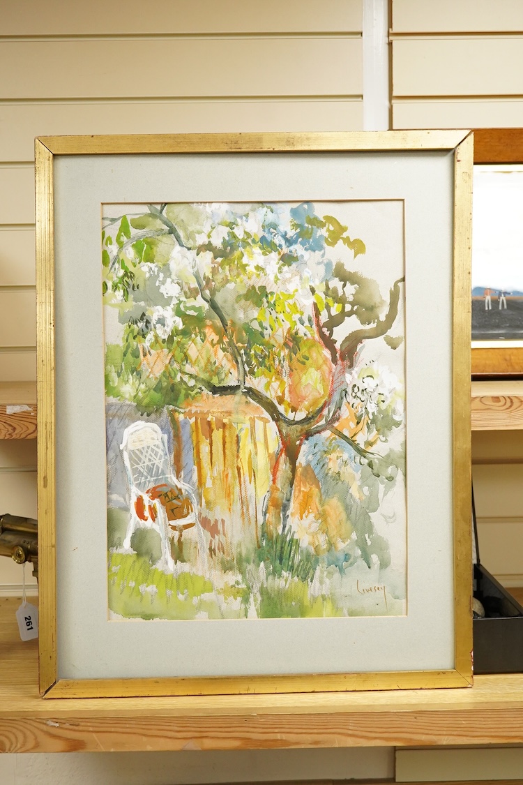 20th century, garden scene, indistinctly signed, watercolour heightened with white, 51 x 38cm